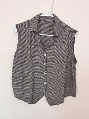 Black White Gingham Button Front Vest Sleeveless Collared Preppy Cottagecore